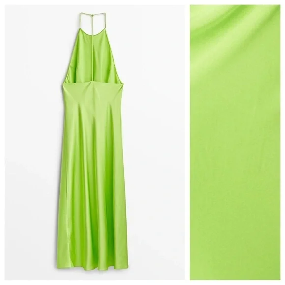 Massimo Dutti Green Satin Effect Halter Midi Dress. Size M. - Picture 6 of 8
